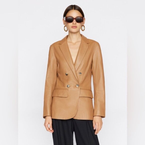 NWT FRAME ’70s Double-Breasted Leather Blazer Latte Size 6 - Picture 2 of 11